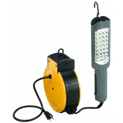 This LED lighted cord reel integrates a hand lamp with a 25 ft, 16 AWG SJT extension cord. It delivers 700 lumens at 6500K color temperature, consuming 6.5 W. The reel provides both power and task lighting for workshops, garages, and maintenance areas, with a 5-15P plug and 5-15R receptacle for 120V AC input.