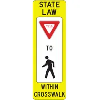 Aluminum sign, 0.08 in thick, with Diamond-grade retroreflective sheeting. Nominal size 36 in x 12 in, diamond shape. Complies with MUTCD R1-6 standard. Used to alert drivers to yield to pedestrians within crosswalks on roadways, parking lots, and construction zones