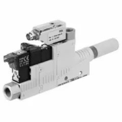 Vacuum generator with 1/8 in G port, 6 bar max supply pressure, 2 PNP outputs, 1 normally open configuration, and integrated silencer. Used in industrial automation for pick-and-place, material handling, and packaging applications.