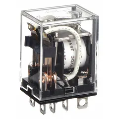 Socket-mounted plug-in relay with square base and flat pins. DPDT contact configuration rated 7 A, operating current 5 A at 24V DC for resistive loads. Quick-connect terminals. Suitable for industrial control panels, automation systems, and general switching applications.