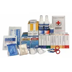 Bulk industrial first aid kit refill for restocking a 75-person cabinet or wall station. Includes 347 components: combine dressing, 8 knuckle bandages, 10 hand sanitizers, and 50 aspirins. Latex-free, not water resistant, and compliant with ANSI Z308.1-2015 standards.