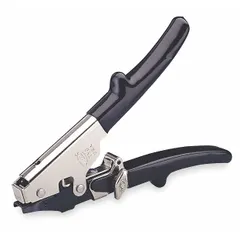 This adjustable-tension tool is designed for nylon cable ties with a tensile strength of 125 to 175 lb and a width range of 0.18 in to 0.25 in. It features metal construction with a cushion grip and provides infinite adjustment for tensioning and cutting ties in wiring and cable management applications.