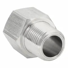 High-pressure precision pipe fitting with 1/2 in x 1/2 in configuration, featuring Female BSPP Threaded and Male NPT Threaded connections. Rated for 2,176 psi. Used to connect and direct fluid or gas lines in hydraulic and pneumatic systems.