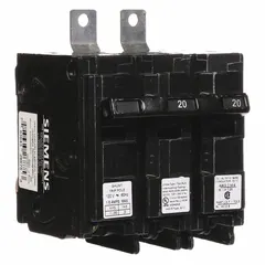 This 20 A, 120/240V AC, 2-pole miniature circuit breaker features a shunt trip and a bolt-on connection. It is part of the BL series, with a maximum AIR rating of 22kA at 120/240V AC. Designed for overcurrent protection in Siemens P1 panelboards, it is suitable for commercial and industrial electrical distribution systems.