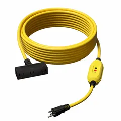 This inline GFCI cord provides ground-fault protection for power tools, equipment, and lighting in temporary or wet environments. It features a 101 ft length, 12/3 SJTW cable, NEMA 5-15P plug and 5-15R receptacle, rated 15 A at 125V AC with auto-reset functionality.