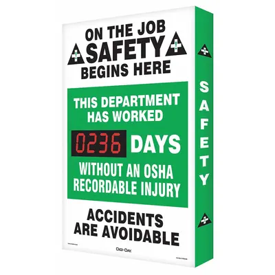 ACCUFORM Electronic Scoreboard: Aluminum, Mounting Holes Sign Mounting - On The Job Safety Begins Here. This Department Has Worked ___ Days Without An OSHA Recordable Injury, Accidents Are Avoidable Safety Scoreboards