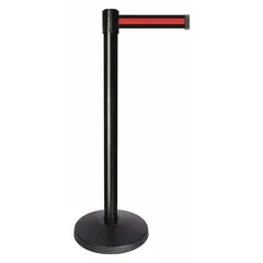 This barrier post features a black metal alloy post and an ABS base. It includes a 10 ft retractable red belt with horizontal stripes and no legend. Used for queue management and crowd control in commercial environments to guide pedestrian flow and organize lines.
