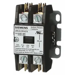 This Siemens definite purpose contactor is a non-reversing, three-phase unit from the 42 Series, rated 40 A with a maximum voltage of 600V AC. It features a 1NO main pole contact form and a coil voltage of 110/110-120V AC. Designed for surface mounting with screw terminals, it is commonly used in HVACR applications such as controlling compressors, fans, and pumps.