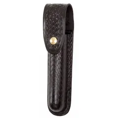 Duty equipment pouch constructed from black leather with a basket weave finish. Features a snap closure for secure retention. Designed to carry a standard-sized flashlight on a belt or duty rig for quick access.