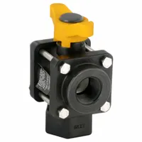 BANJO Manual Three-Way Ball Valve: 1 in, Polypropylene, L Flow, FNPT x FNPT x FNPT, Three-Piece (MPN V100BL)