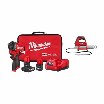 MILWAUKEE Tool Combination Kit: 2 Tools, Grease Gun/Impact Wrench, 12 V DC Volt - Milwaukee 12V Cordless Tool Combination Kits