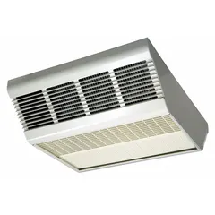Surface-mount electric ceiling heater with fan-forced heating. Selectable wattage outputs of 2000W, 3000W, or 4000W. Operates on 208V AC, 1 or 3-phase power. White finish. Dimensions: 9-11/16 in H x 16-7/16 in W x 5-3/4 in D. Thermostat not included. Suitable for overhead mounting in commercial and industrial spaces requiring supplemental heat.
