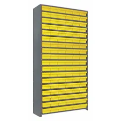 Steel frame shelving unit with 108 closed-front polystyrene bins in yellow. Bins are drawer-style, each 2-5/8 in x 5-9/16 in x 11-5/8 in. Designed for one-sided access, suitable for organizing small parts in industrial and warehouse settings.