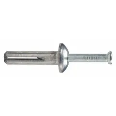Mushroom-head Zamac alloy nail drive anchor, 3 in overall length, supplied in a 100-pack. Designed for fastening into concrete or masonry without pre-drilling, used in securing fixtures, conduit, or equipment to solid substrates.