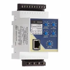 DIN-rail mounted phase relay for overvoltage monitoring. Rated 5 A with 20 pins/terminals. Suitable for integration into control cabinets and power distribution panels to detect voltage spikes.
