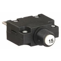 Panel Mount Circuit Breaker: 15 A Amps, 125/250V AC, 32V DC, 11mm Collar, 1.78 in Dp, 1/4 in Tab (MPN CMB-153-11C3N-W-A/15). Key specifications — Terminal Connection: 1/4 in Tab; AC Voltage Rating: 125/250V AC; DC Voltage Rating: 32V DC; Mounting Type: 11mm Collar.