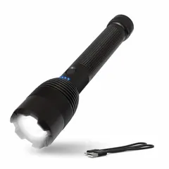 Rechargeable flashlight delivering 3600 lumens with a 130-meter beam and 3.25-hour runtime at maximum brightness. Includes a rechargeable battery and USB Type-C charging cord. Suitable for industrial maintenance, emergency response, and outdoor work requiring high-intensity illumination.