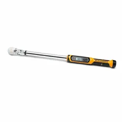 This electronic torque and angle wrench features a flex-head design and ratcheting mechanism, with a torque range of 25 to 250 ft-lb. It includes an LCD screen for precise measurement and is calibrated in foot-pounds. The 25-inch overall length provides leverage for industrial assembly, maintenance, and repair tasks requiring accurate fastening.