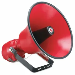 Tone alarm for hazardous locations, 24V DC, 30W output. Red housing, dimensions 18 13/16 in L x 16 11/16 in W. Suitable for use in areas where explosive gases or dusts may be present, providing audible warning signals in industrial environments.