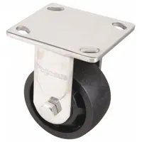 This rigid plate caster features a corrosion-resistant design suitable for environments where moisture or chemicals are present. The black nylon wheel measures 4 inches in diameter and 2 inches in width, providing smooth rolling for carts, racks, and light-duty equipment in fixed-direction applications