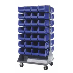 Gray steel louvered floor rack with 56 blue plastic bins (14-3/4 in depth, 8-1/4 in width, 7 in height). Equipped with two swivel casters with hard rubber tread for mobility. Used for organizing small parts, tools, or components in workshops, warehouses, and assembly areas.