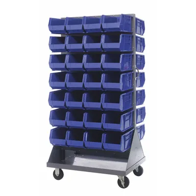 QUANTUM STORAGE SYSTEMS Mobile Louvered Floor Rack: 36 in x 24 in x 72 in, 56 Bins Included - Vertical Mobile Louvered Racks with Bins