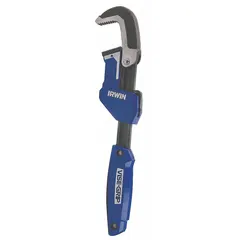 This 11-inch ratcheting pipe wrench features serrated jaws with a 2 1/4-inch capacity for gripping and turning pipes, fittings, and round objects. The ergonomic design reduces hand fatigue during repetitive use in plumbing and mechanical tasks.