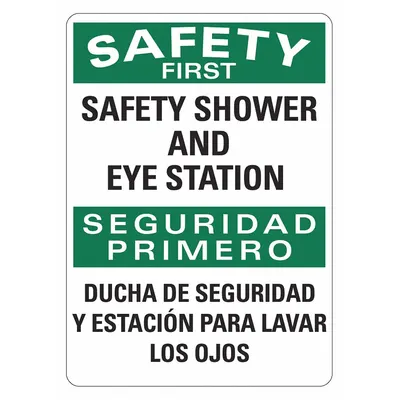 LYLE Office and Facility Sign: Plastic, Mounting Holes Sign Mounting - Safety First/Seguridad Primero: Safety Shower And Eyewash Station/Ducha De Seguridad Y Estacion Para Lavar Los Ojos Signs