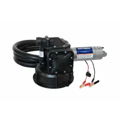 Diaphragm drum pump with hose, nozzle, and meter. Operates on 12 V DC with a 1/4 hp motor, delivering 13 gpm. Polypropylene (PP) suction tube. Suitable for transferring non-flammable liquids from drums in industrial, agricultural, and automotive settings.