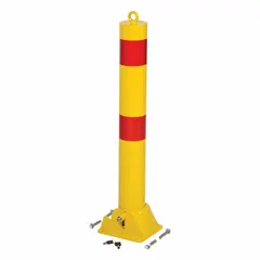This bolt-on fold-down bollard is made of carbon steel with a yellow finish. It has a 4 1/2 in diameter and installs at a height of 35 1/2 in. The bollard can be lowered to allow temporary vehicle access and locked in the upright position with the included keys. Typical applications include controlling vehicle access in loading docks, parking lots, and facility perimeters.