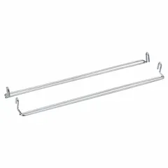 Steel stacking bracket with a silver finish, 14 1/4 in overall length, designed for Hang and Stack bin systems. Enables vertical stacking of bins to optimize storage space in industrial warehouses, workshops, and assembly lines.