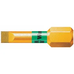 This WERA insert bit features a slotted head design with a metric industry size of 1.2x6.5x25 mm. It is constructed from S2 steel with a diamond-coated finish and a hex drive. Suitable for driving slotted-head screws in assembly and maintenance tasks.