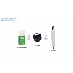 Replacement parts kit for ELGA Chorus 3 water purification systems. Includes filters, stands, and switches to maintain system performance and water quality.