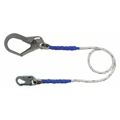Positioning and restraint lanyard with a 6 ft length and 310 lb capacity. Features a steel snap hook and is non-adjustable. White in color. Used for fall protection in industrial and construction settings to secure workers at height.