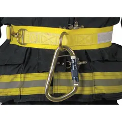 Nylon webbing rescue belt with steel quick-connect buckle. Fits waist sizes 32 in to 54 in. Meets NFPA 1983 standards. Used for emergency ladder descent and confined-space escape.