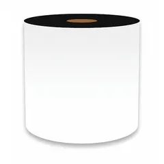 Continuous label roll for thermal transfer printing, compatible with VnM4 printers. Vinyl material with white gloss finish and magnetic adhesive for attachment to ferrous metal surfaces. Intended for indoor use in applications such as temporary signage, asset tags, or shelf labels.