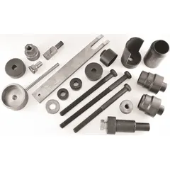 Steel tool kit for servicing Bendix air disc brakes. Includes a dimpling tool. Overall length 12 3/4 in. Used for replacement of tappet and boot assemblies, tappet inner seals, and guide pins and boots.