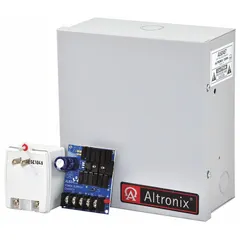 The ALTRONIX AL624ET is a power supply board that accepts 115V AC input and delivers selectable 6/12/24 VDC output at 1.2A. Housed in a steel enclosure, it supports progressive and modulating operation for regulated DC power. Typical applications include powering access control, security, and automation equipment in commercial and industrial facilities.