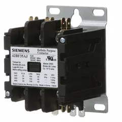 Three-pole, non-reversing definite purpose contactor from the 42 Series. Rated 30 A with a maximum voltage of 600V AC and a 240/277V AC coil. Features 3NO main pole contact form, surface mounting, and terminal connections via quick disconnect and screw/box lug. Suitable for switching three-phase loads such as motors, compressors, and pumps in HVAC and industrial equipment.