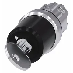 This Siemens panel-mounted key switch is a 2-position momentary/momentary unit with key removal in the left position. It is designed for 22 mm panel mounting and is part of the Series 3SU. Typical applications include access control and mode selection in industrial automation and machine safety circuits.