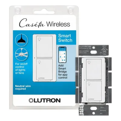 LUTRON In-Wall Smart Switch: 2 Buttons, Caseta, 120V AC, Wireless, Neutral Required - Companion Switches with Wireless Control