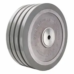 This wheel features a gray polyurethane tread on a steel core with an UltraGlide tread shape, providing smooth rolling and floor protection under heavy loads. The aluminum hub supports a load rating of 5,650 lb. Suitable for heavy-duty industrial applications such as material handling carts, tow lines, and large equipment dollies.