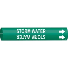 Green pipe marker with white legend reading 'Storm Water' for identifying storm water lines. Fits pipe O.D. from 3/4 to 1-3/8 in. Includes directional arrows to indicate flow direction. Supplied as a single marker for use in industrial pipe labeling applications.