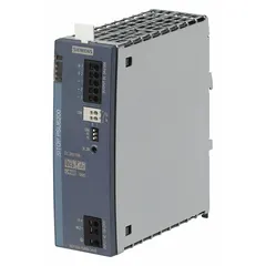 Single-phase DIN rail mount DC power supply with metal housing. Rated output power of 240 W and output current of 10 A. Accepts input voltage of 110 to 240 V DC. Suitable for powering control panels, automation equipment, and machinery requiring a regulated DC supply.