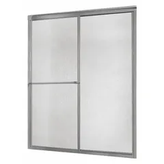 Double-sliding shower door with rain tempered glass. Overall height 70 inches, fits openings with a maximum door width of 60 inches. Suitable for residential and light-commercial bathroom installations.