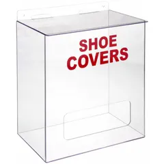 Wall-mount dispenser made of clear PETG, sized 12 1/8 in x 8 1/8 in x 15 3/8 in. Single compartment with hinged top holds 72 pairs of bulk shoe covers. Printed 'Shoe Covers' text and one-handed access. Suitable for cleanrooms, labs, or industrial entryways.