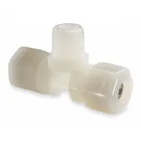 This nylon compression tee fitting connects two 1/2 in OD tubes to a 3/8 in pipe in a T-configuration. Suitable for general-purpose industrial fluid systems, it provides leak-resistant connections in pneumatic or low-pressure hydraulic applications. The nylon construction offers corrosion resistance