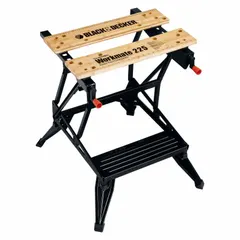 This portable workbench features a steel top with a powder-coated frame, adjustable height via a spring lever, and a peg clamping system. It has a fold-up body for portability, includes a built-in ruler, and is ESD safe. Suitable for on-site carpentry, repairs, and assembly tasks.
