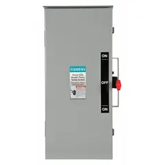 This non-fusible safety switch is rated for 100 A, three-phase, 240V AC, and features a galvanized steel enclosure suitable for indoor or outdoor use. It provides a means to safely disconnect electrical power for maintenance or emergency shutdown in industrial and commercial power distribution systems.