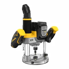 This cordless compact router is a bare tool from the 20V MAX* platform, featuring a brushless motor with 2.2 hp and a no-load speed of 23,000 RPM. It has a 1/4-inch collet and a plunge base for precise depth adjustments. Typical applications include trimming, edge profiling, flush-cutting, and template work in woodworking and cabinetry.